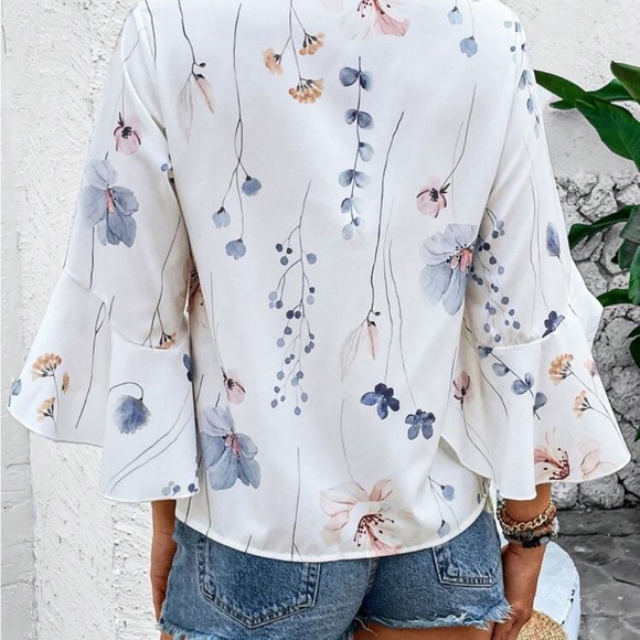 White and Blue Ruffled Bell Sleeve Blouse - Picture 3 of 3